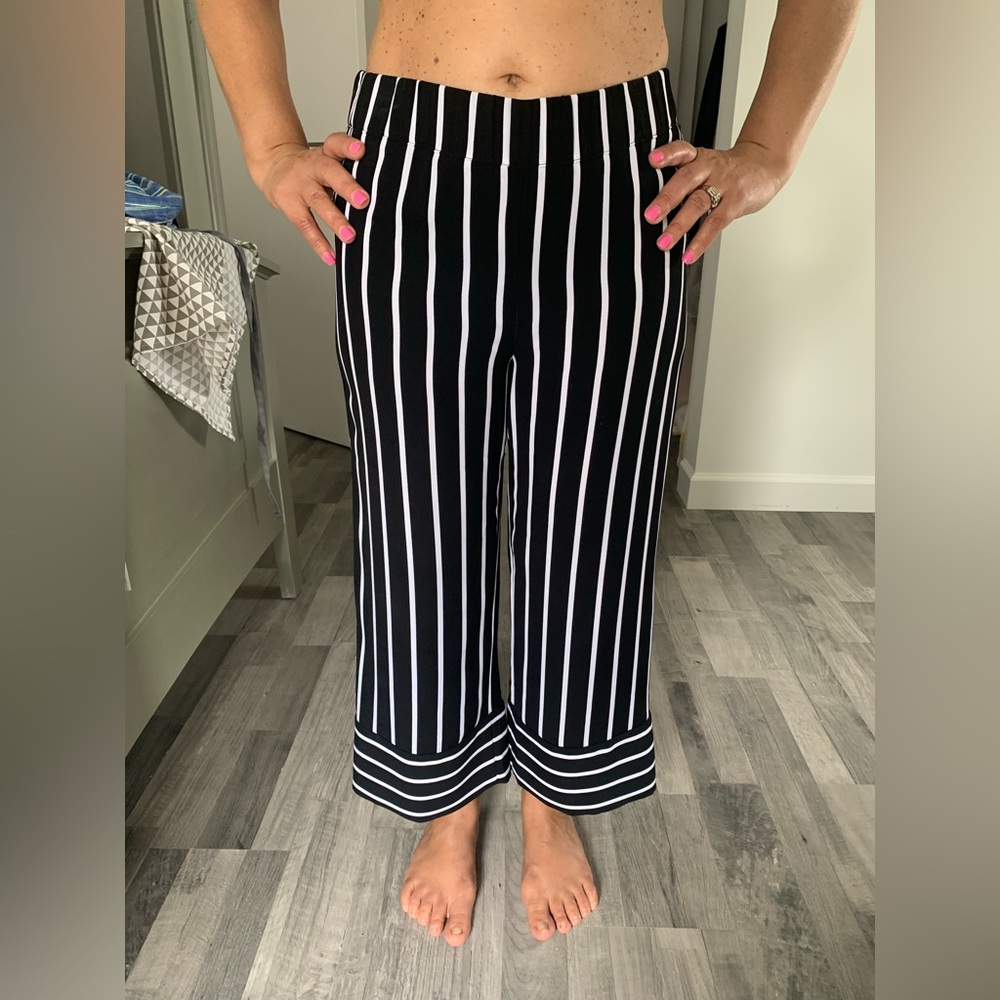 Formal black and white striped straight leg pants